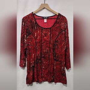 Vintage Only Nine Burnout Floral Blouse Womens 3X Red Boho Retro 90s Whimsigoth